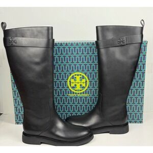 TORY BURCH Double T Utility Boot Women's Size 7 Perfect Black Vachetta Tumbled